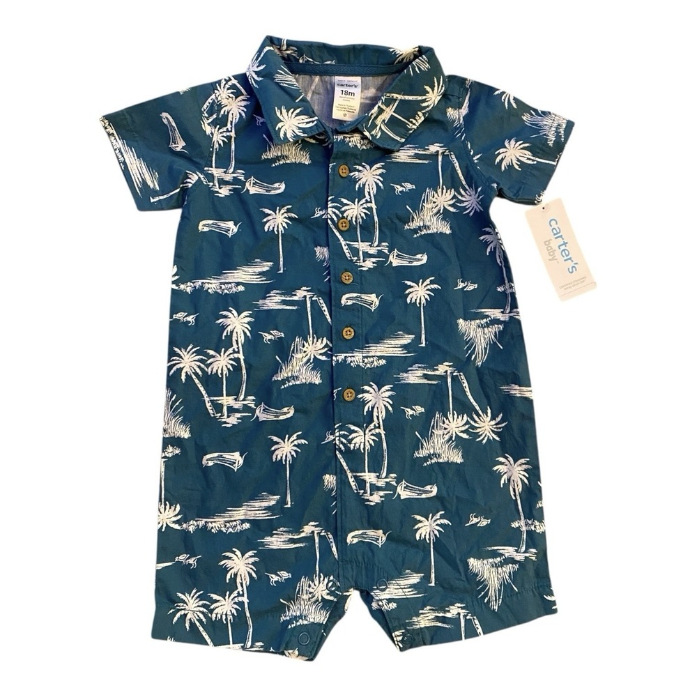 Carter's Baby Boy Palm Tree Romper 18M NWT | Summer Cotton Button-Up Outfit